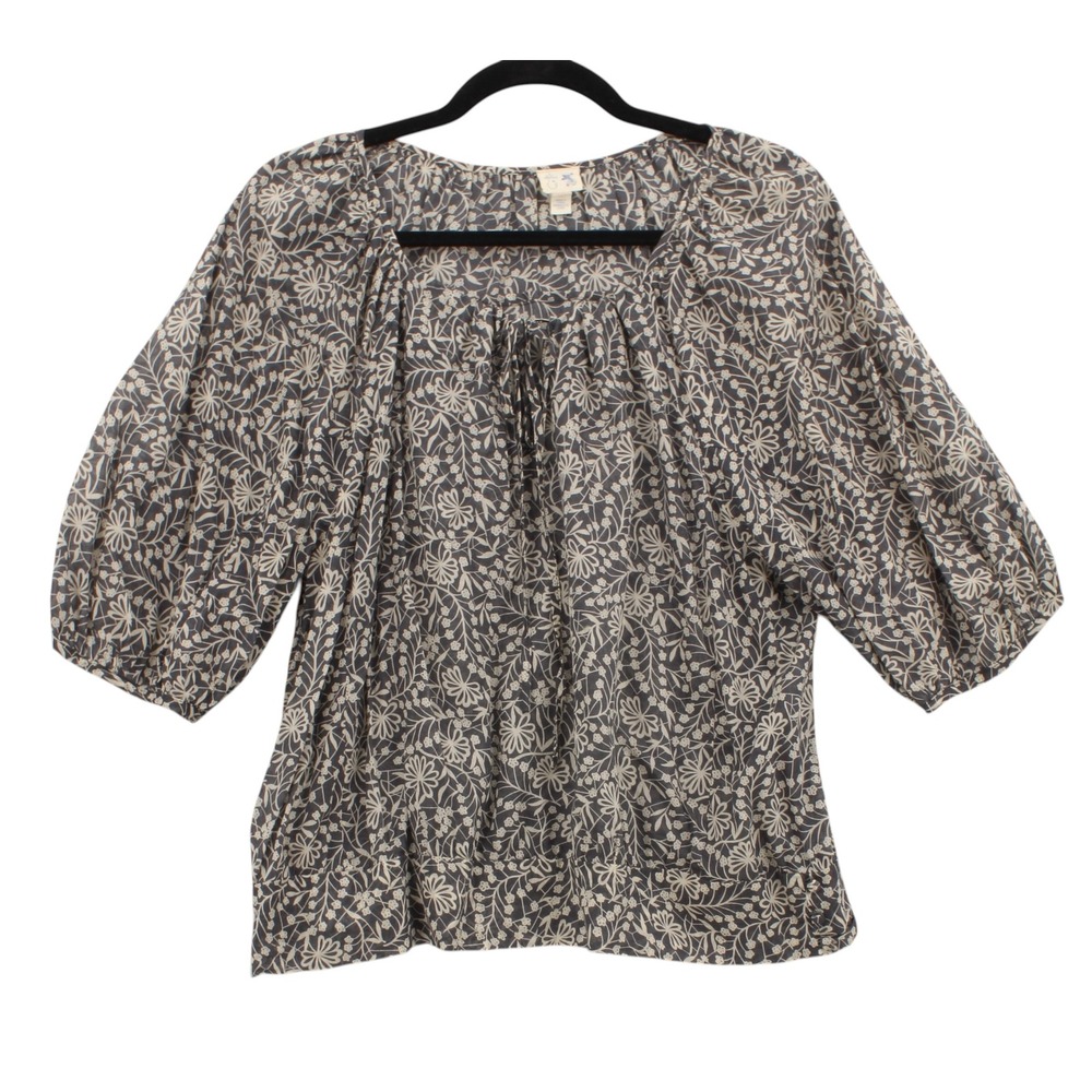 Edme & Esyllte Anthropologie Floral Peasant Blouse Gray Cream 3/4 Puff Sleeve 12